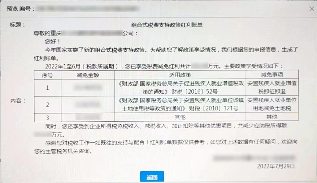 重庆市税务局推送的“组合式税费支持政策红利账单”截图。