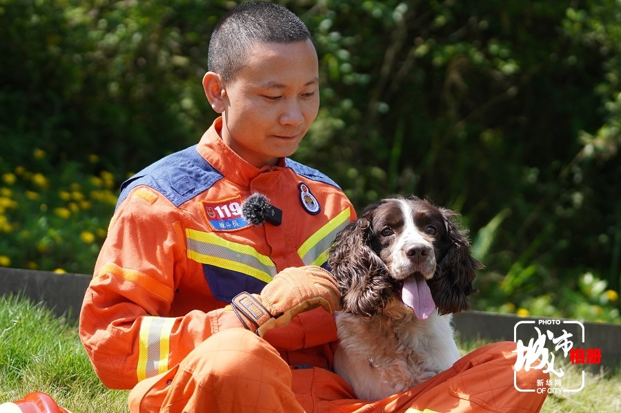 位于重慶市江北區復盛的重慶市消防救援總隊特勤支隊搜救犬站是重慶唯一的“搜救犬訓練營”。今年30歲的謝耀新，是這裏的一名訓導員，搜救犬“花花”是他的搭檔。新華網 黃俊輝 攝 陳雨 向恒（實習生）文