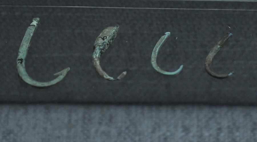 圖為雙堰塘遺址出土的西周時期青銅魚鉤，現藏于巫山博物館。